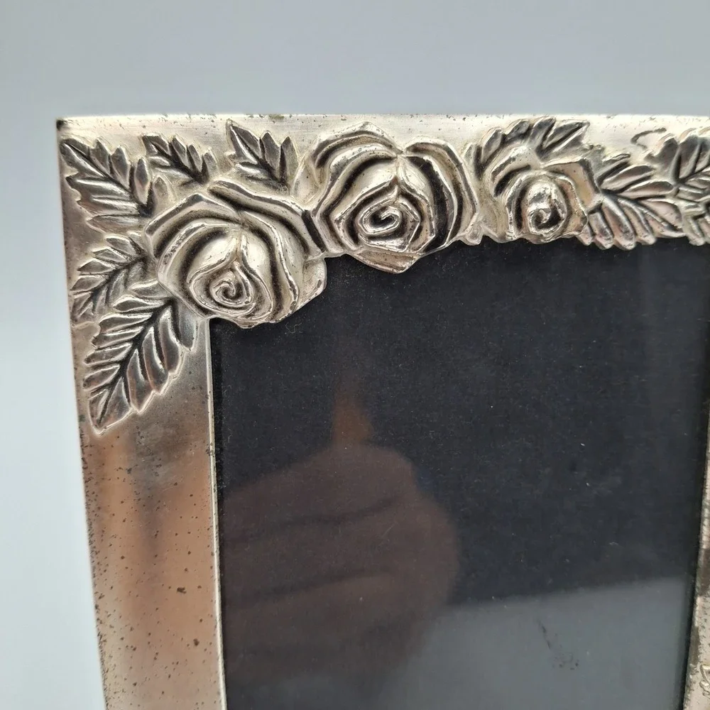 Vintage Silver Tone Metal Rose Picture Frame Ornate Floral 3.5x5 Tabletop Easel